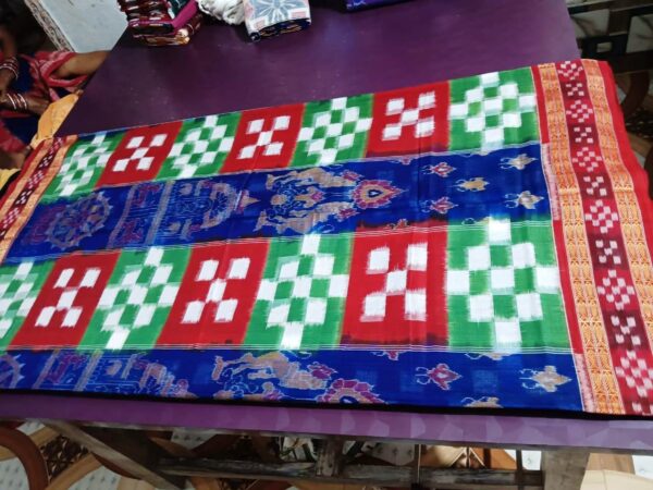 Sambalpuri Handloom Red & Blue, Green Entire Design Bandha Saree