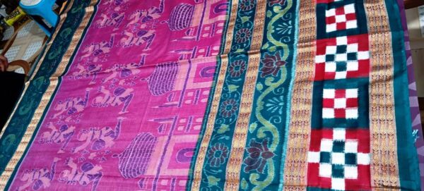 Sambalpuri Handloom Pink & Blue, Green Entire Design Bandha Saree
