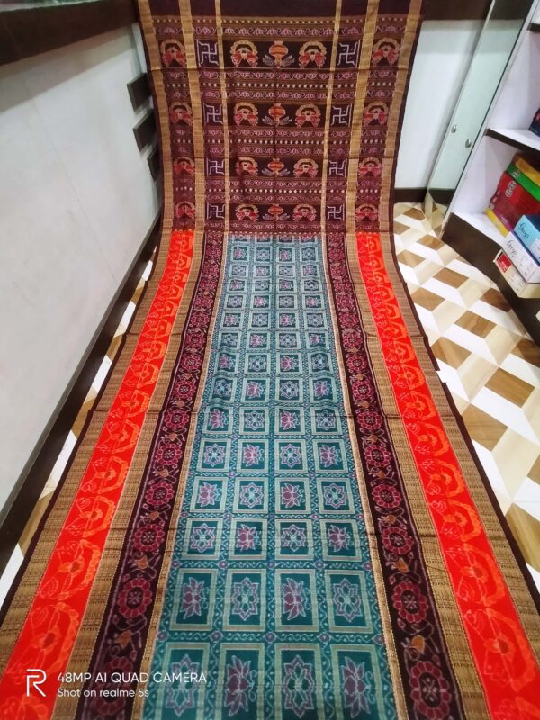 Sambalpuri Handloom Meroon,Green & Red Entire Design Bunakar Bandha Saree