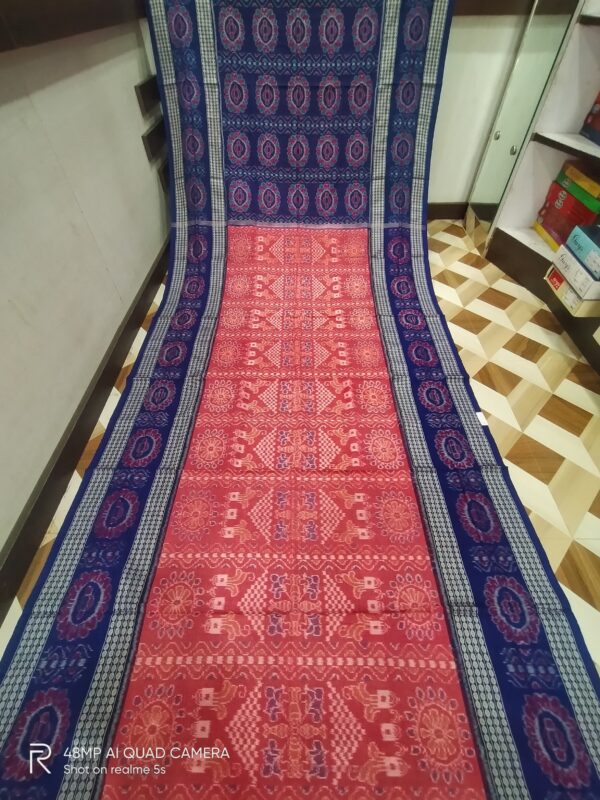 Sambalpuri Handloom Meroon,Green & Red Entire Design Bunakar Bandha Saree