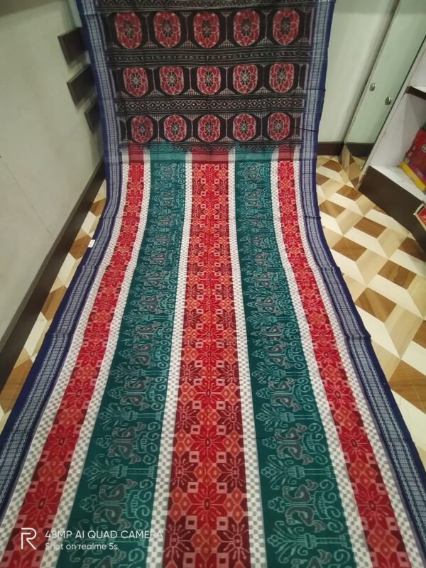 Sambalpuri Handloom Green,White  & Red Entire Design Bunakar Bandha Saree
