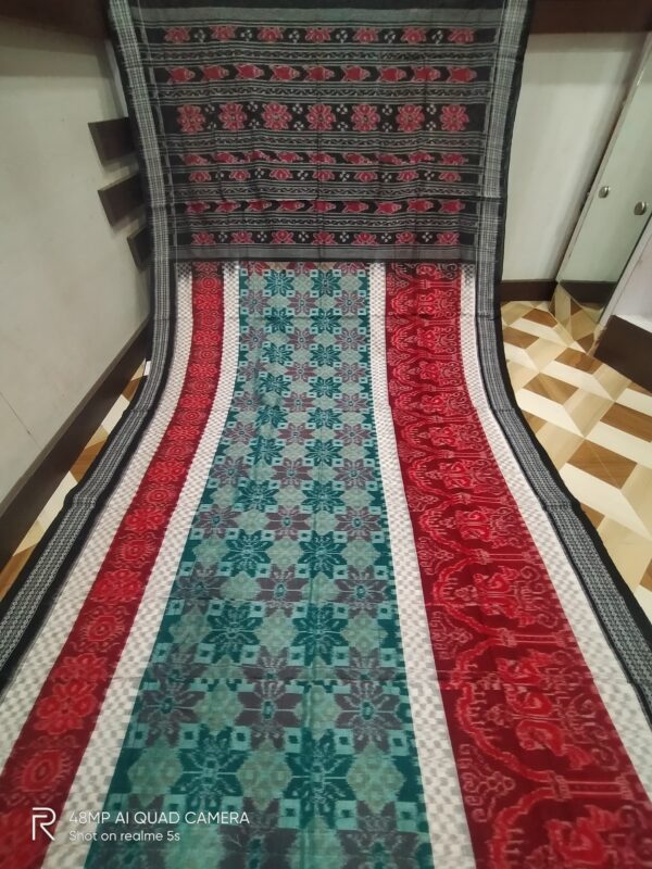 Sambalpuri Handloom Green,White  & Red Entire Design Bunakar Bandha Saree