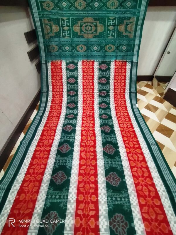 Sambalpuri Handloom Green,White  & Red Entire Design Bunakar Bandha Saree