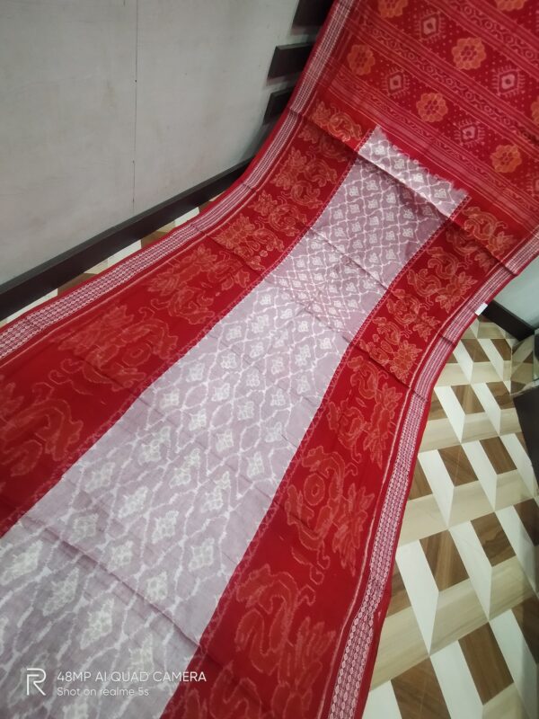 Sambalpuri Handloom Green,White  & Red Entire Design Bunakar Bandha Saree