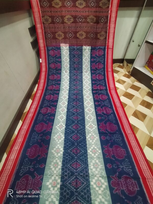Sambalpuri Handloom Blue,White  & Red Entire Design Bunakar Bandha Saree