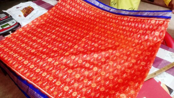Orange, Blue Bunakar Original Handloom Pata (Silk) Saree