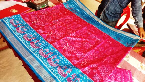 Light Blue, Deep Pink Meher Bunakar Original Handloom Pata (Silk) Saree