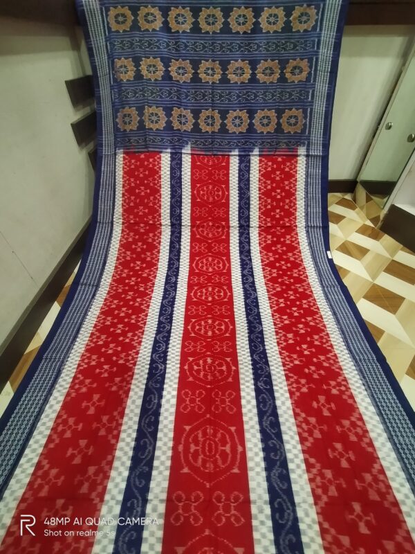 Sambalpuri Handloom Red,White,Blue Meher Bunakar Bandha Saree